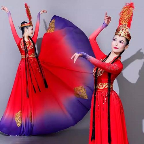 Red purple Xinjiang Uygur dance dresses for women girls xinjiang opening dance of the solo dance of the female art exam Ethnic minority costumes